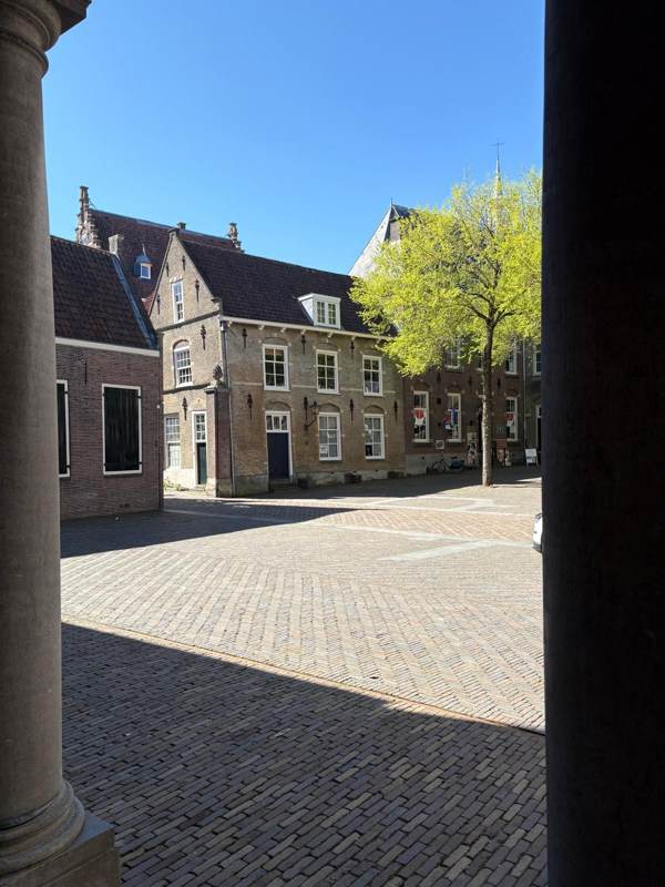 Doorkijk tussen twee zuilen naar een zonnig plein met oude gevels en een boom